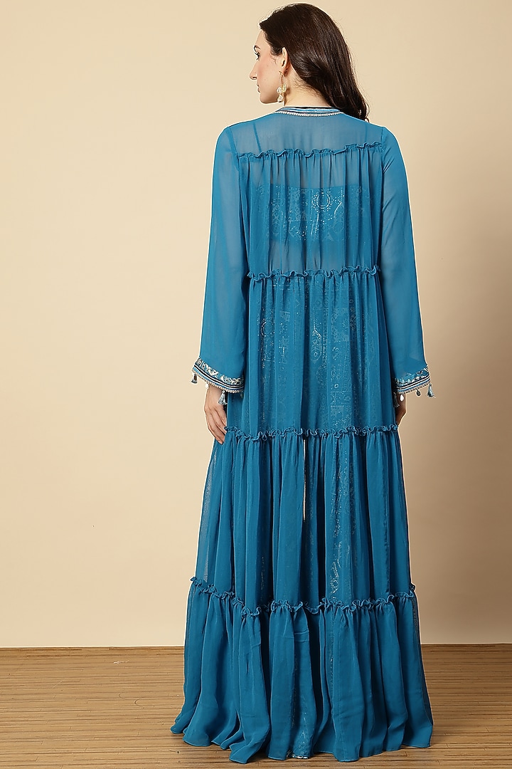 Royal Blue Chinon Floral Printed Wedding Sharara Set by Vannikaa Malik at Pernia's Pop Up Shop