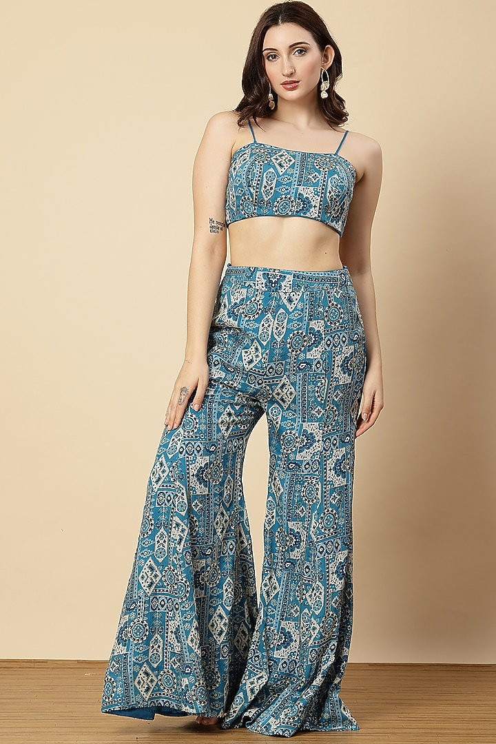 Royal Blue Chinon Floral Printed Wedding Sharara Set by Vannikaa Malik at Pernia's Pop Up Shop