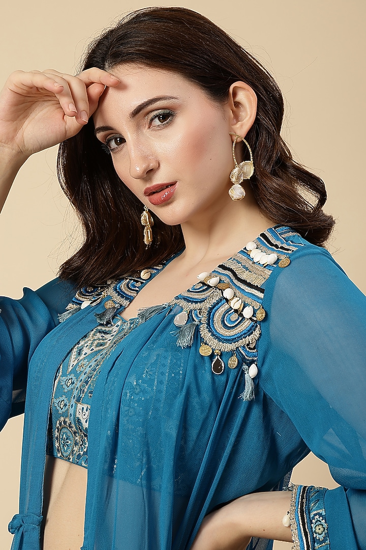 Royal Blue Chinon Floral Printed Wedding Sharara Set by Vannikaa Malik at Pernia's Pop Up Shop