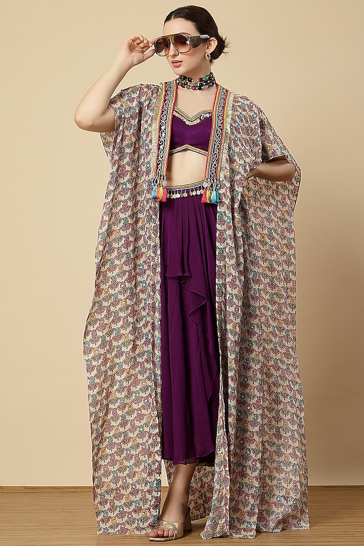 Purple Georgette Zari Embroidered Draped Dhoti Set by Vannikaa Malik at Pernia's Pop Up Shop