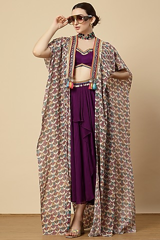 Purple Georgette Zari Embroidered Draped Dhoti Set by Vannikaa Malik