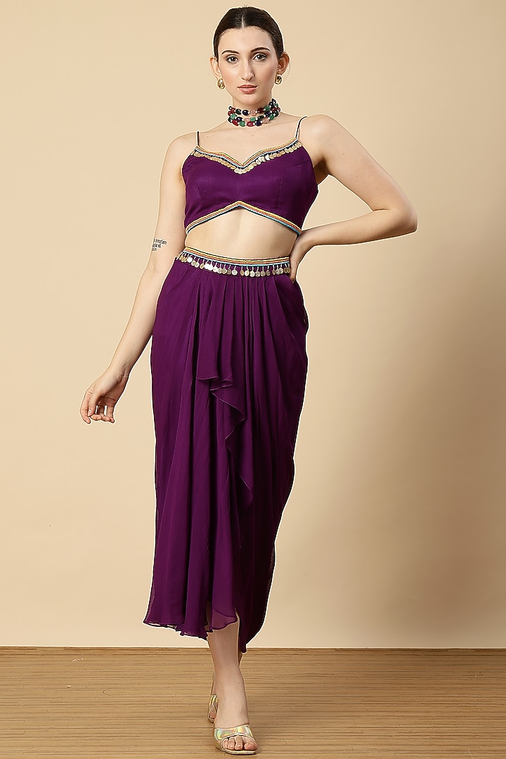 Purple Georgette Zari Embroidered Draped Dhoti Set by Vannikaa Malik at Pernia's Pop Up Shop