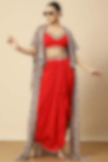 Red Georgette Zari Embroidered Draped Dhoti Set by Vannikaa Malik at Pernia's Pop Up Shop