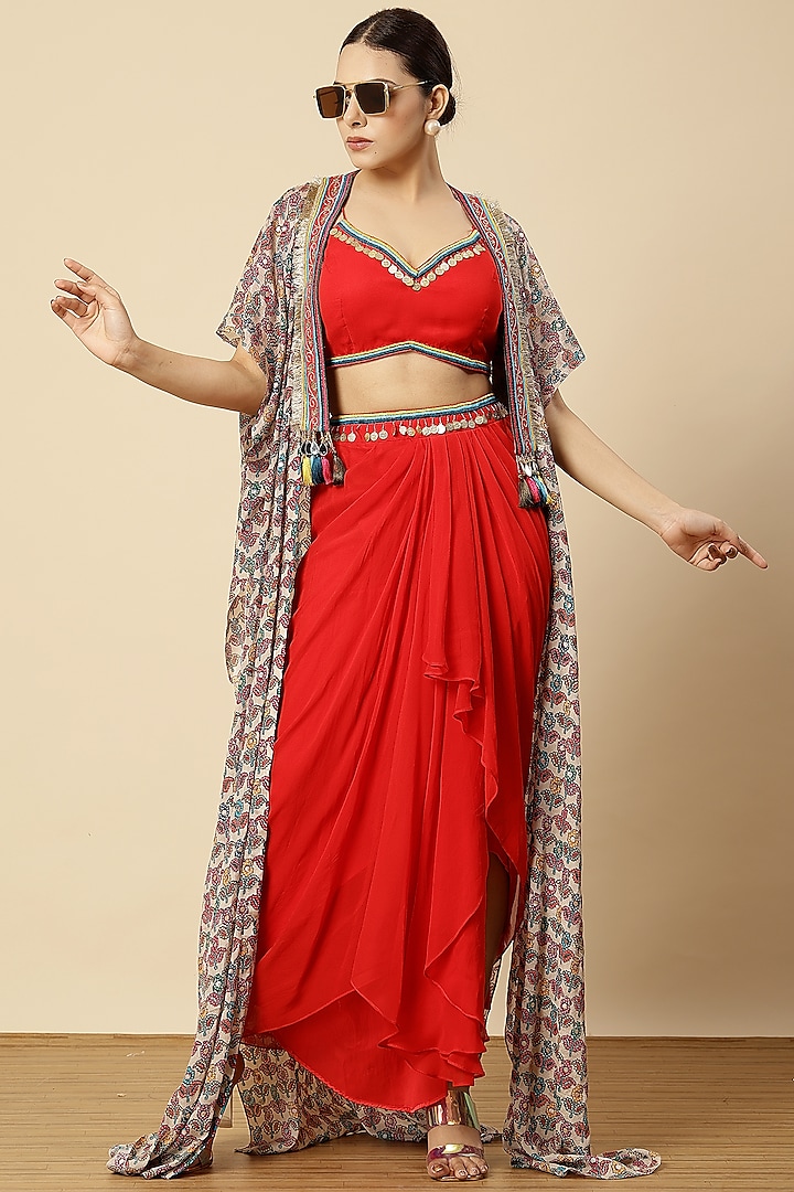 Red Georgette Zari Embroidered Draped Dhoti Set by Vannikaa Malik at Pernia's Pop Up Shop