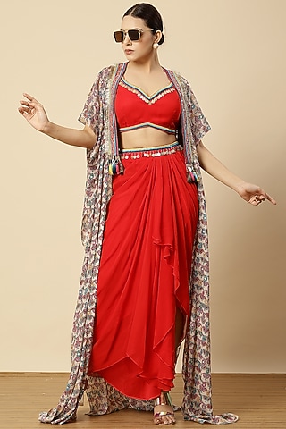 Red Georgette Zari Embroidered Draped Dhoti Set by Vannikaa Malik
