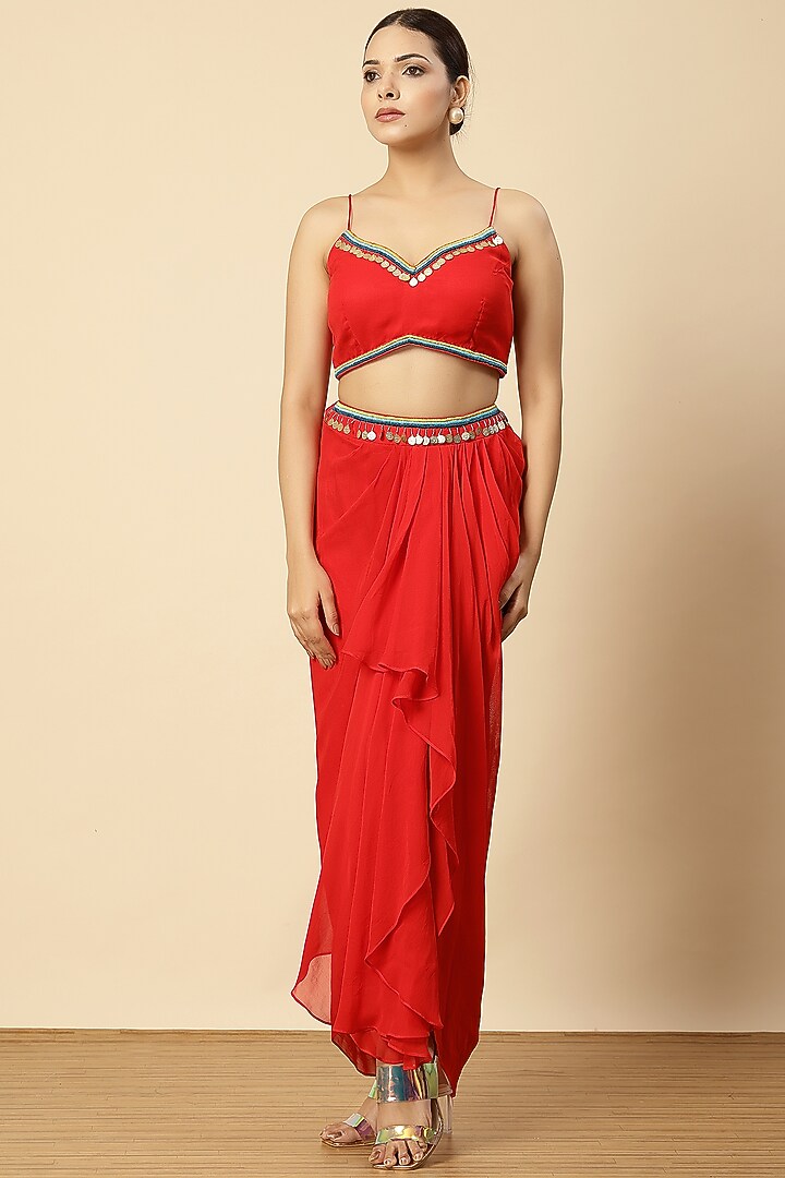 Red Georgette Zari Embroidered Draped Dhoti Set by Vannikaa Malik at Pernia's Pop Up Shop