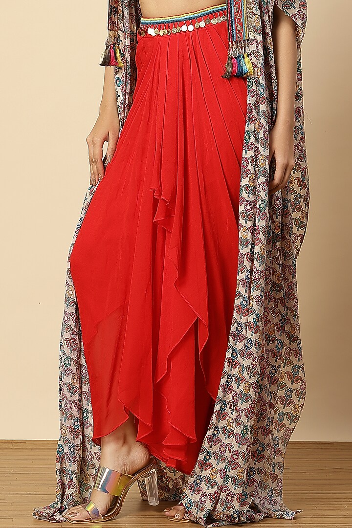 Red Georgette Zari Embroidered Draped Dhoti Set by Vannikaa Malik at Pernia's Pop Up Shop