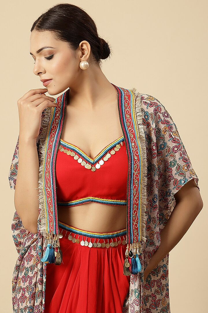 Red Georgette Zari Embroidered Draped Dhoti Set by Vannikaa Malik at Pernia's Pop Up Shop