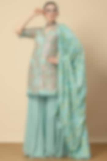 Aqua Georgette & Chinon Zari Embroidered Jacket Set by Vannikaa Malik at Pernia's Pop Up Shop