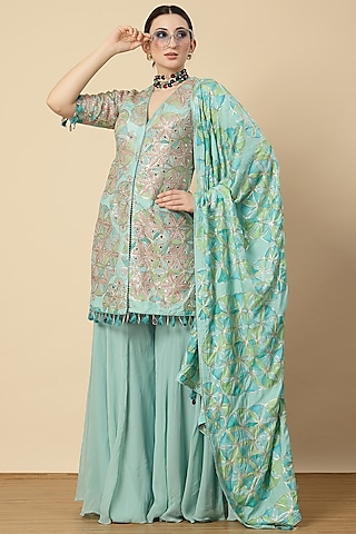 Aqua Georgette & Chinon Zari Embroidered Jacket Set by Vannikaa Malik
