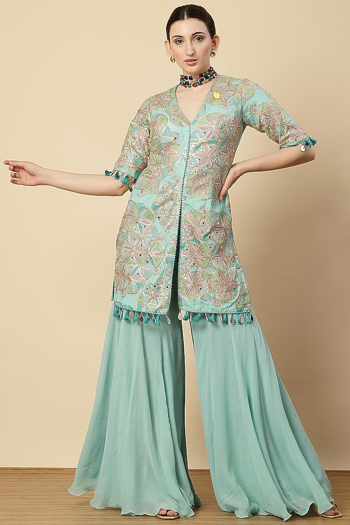 Aqua Georgette & Chinon Zari Embroidered Jacket Set by Vannikaa Malik at Pernia's Pop Up Shop