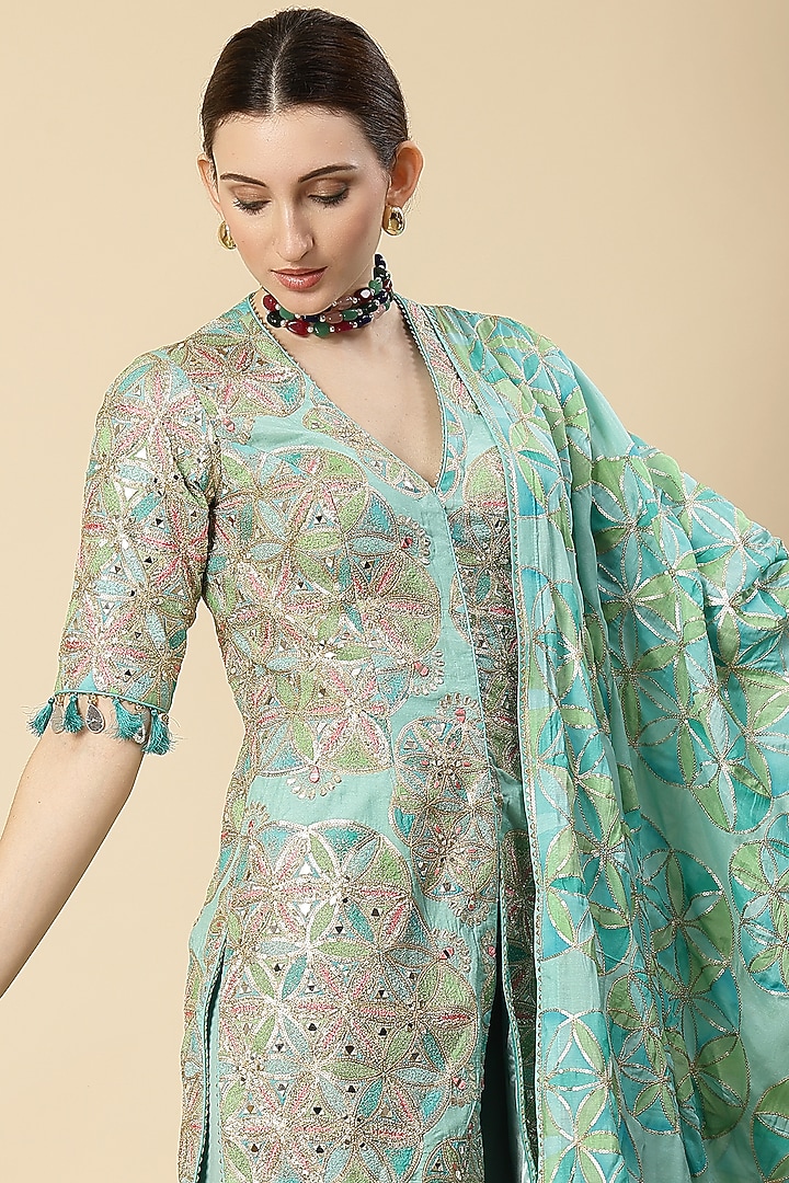 Aqua Georgette & Chinon Zari Embroidered Jacket Set by Vannikaa Malik at Pernia's Pop Up Shop