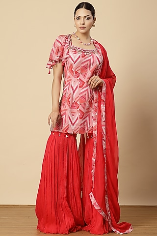 Hot Pink Georgette & Chinon Sharara Set by Vannikaa Malik