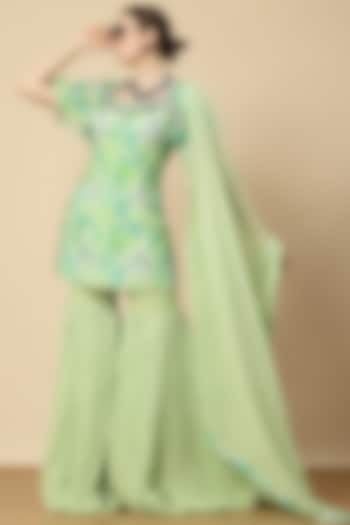 Mint Green Georgette & Chinon Sharara Set by Vannikaa Malik at Pernia's Pop Up Shop