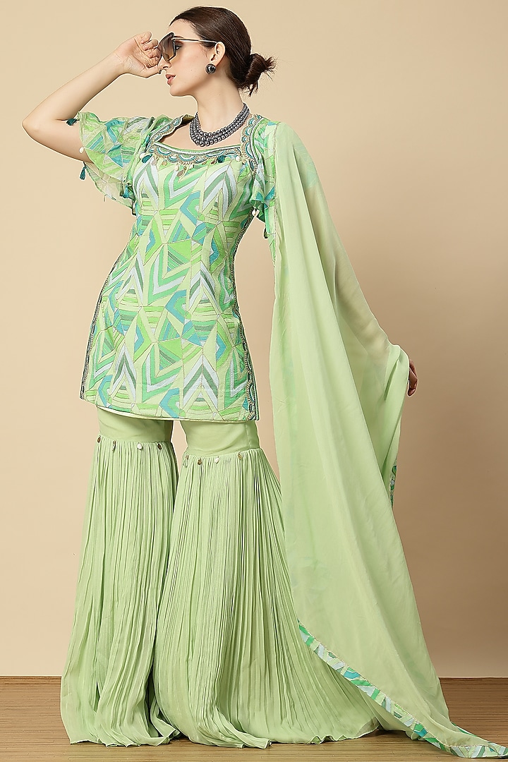 Mint Green Georgette & Chinon Sharara Set by Vannikaa Malik at Pernia's Pop Up Shop