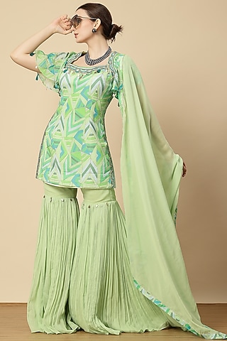 Mint Green Georgette & Chinon Sharara Set by Vannikaa Malik
