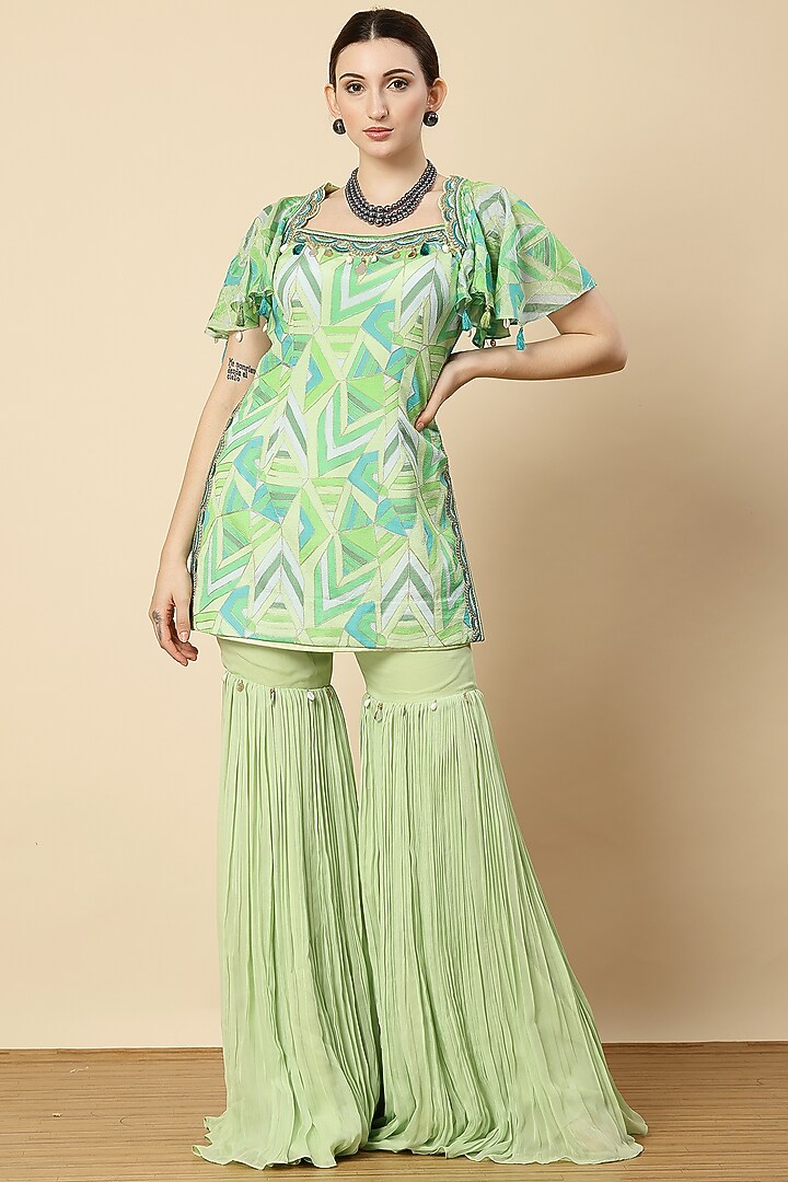 Mint Green Georgette & Chinon Party Wear Sharara Set by Vannikaa Malik at Pernia's Pop Up Shop