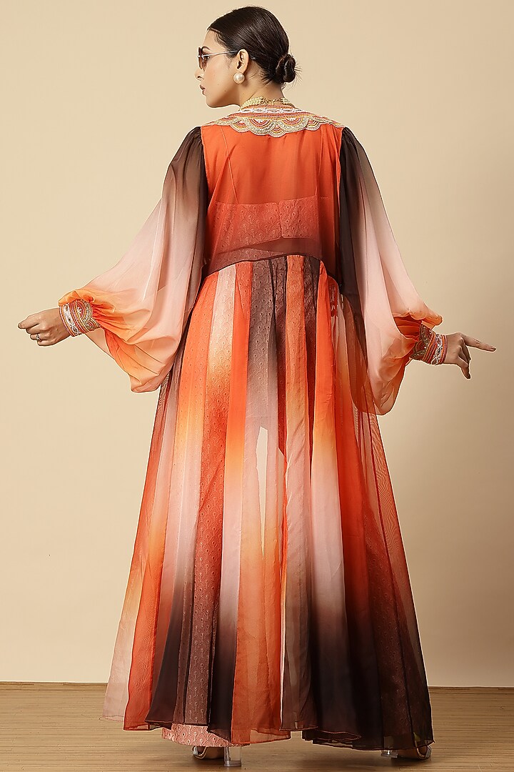 Rust Organza Embroidered & Ombre Printed Jacket Set by Vannikaa Malik at Pernia's Pop Up Shop