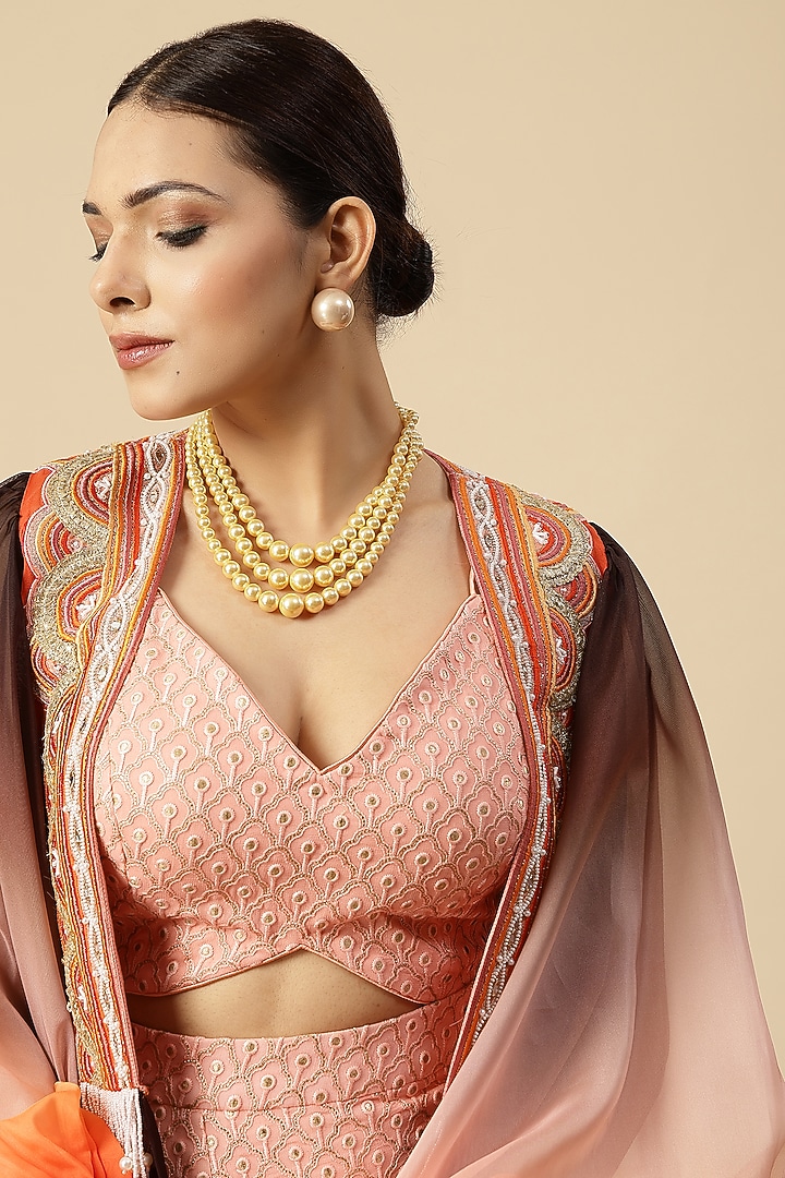 Rust Organza Embroidered & Ombre Printed Jacket Set by Vannikaa Malik at Pernia's Pop Up Shop
