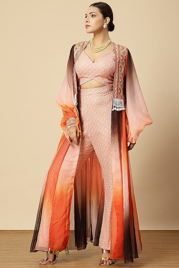 Rust Organza Embroidered & Ombre Printed Jacket Set by Vannikaa Malik at Pernia's Pop Up Shop