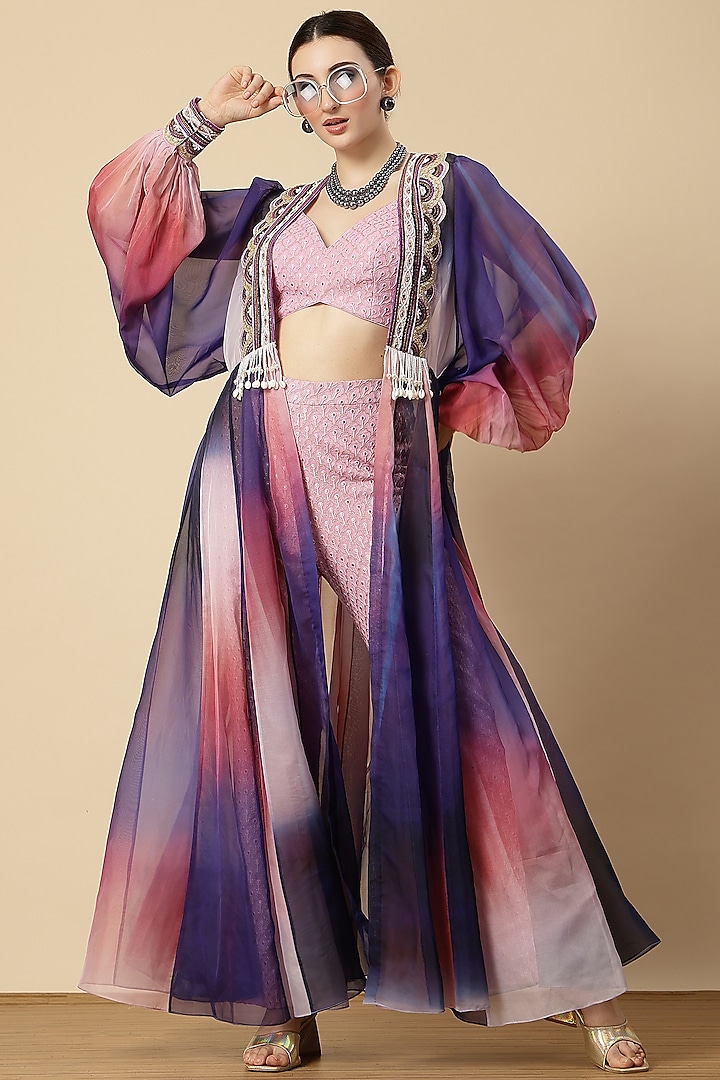 Lilac Organza Embroidered & Ombre Printed Jacket Set by Vannikaa Malik at Pernia's Pop Up Shop