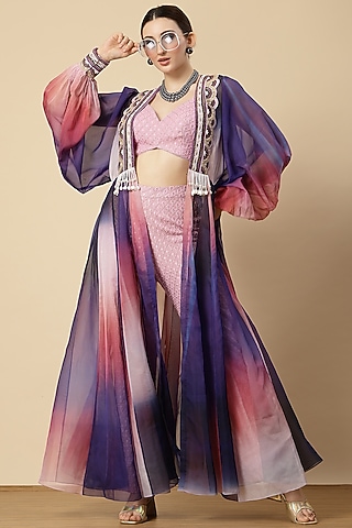 Lilac Organza Embroidered & Ombre Printed Jacket Set by Vannikaa Malik