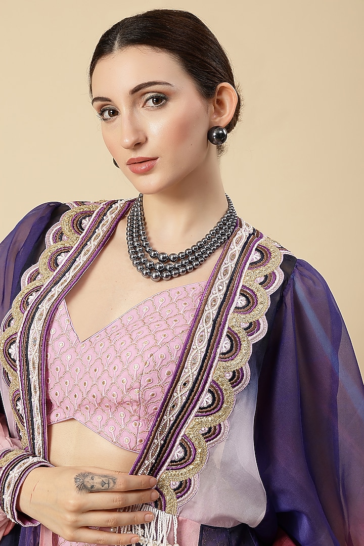 Lilac Organza Embroidered & Ombre Printed Jacket Set by Vannikaa Malik at Pernia's Pop Up Shop