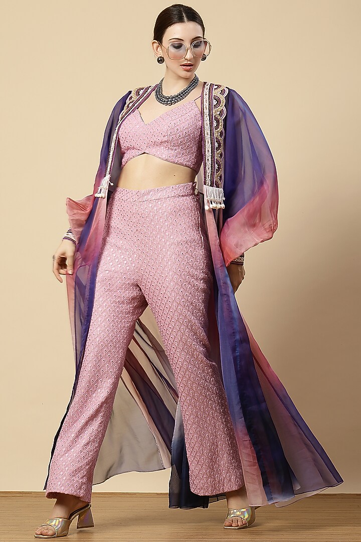 Lilac Organza Embroidered & Ombre Printed Jacket Set by Vannikaa Malik at Pernia's Pop Up Shop