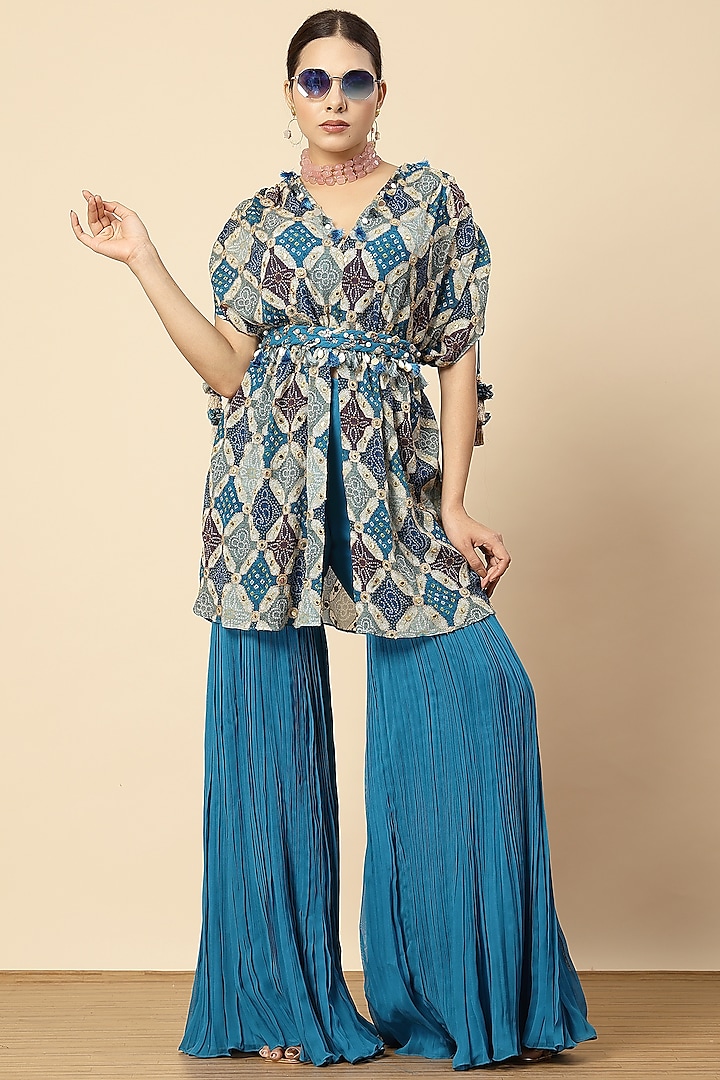 Blue Georgette & Chinon Sharara Set by Vannikaa Malik at Pernia's Pop Up Shop