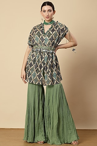 Pista Green Georgette & Chinon Sharara Set by Vannikaa Malik
