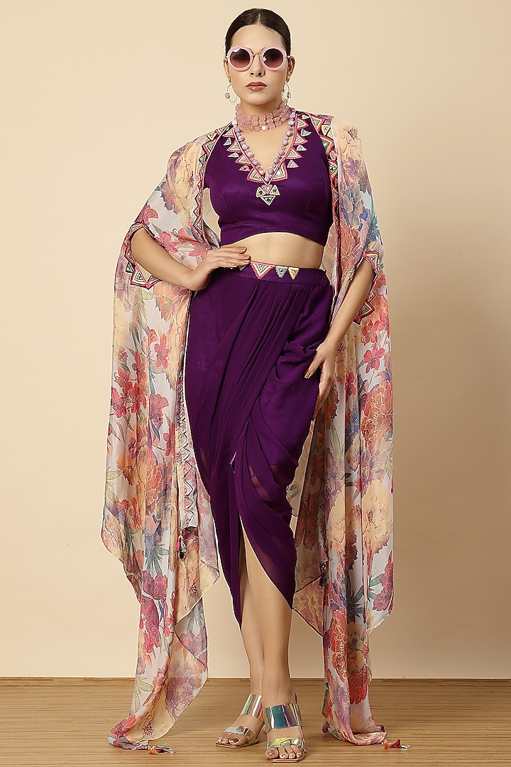 Purple Georgette & Chinon Mirror Work Draped Dhoti Set by Vannikaa Malik at Pernia's Pop Up Shop