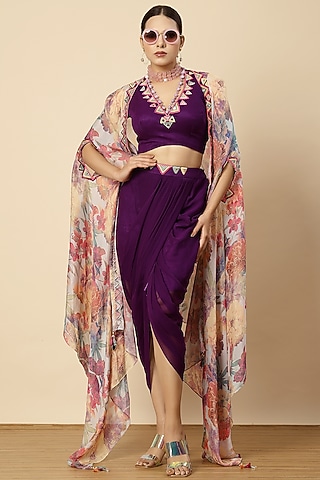 Purple Georgette & Chinon Mirror Work Draped Dhoti Set by Vannikaa Malik