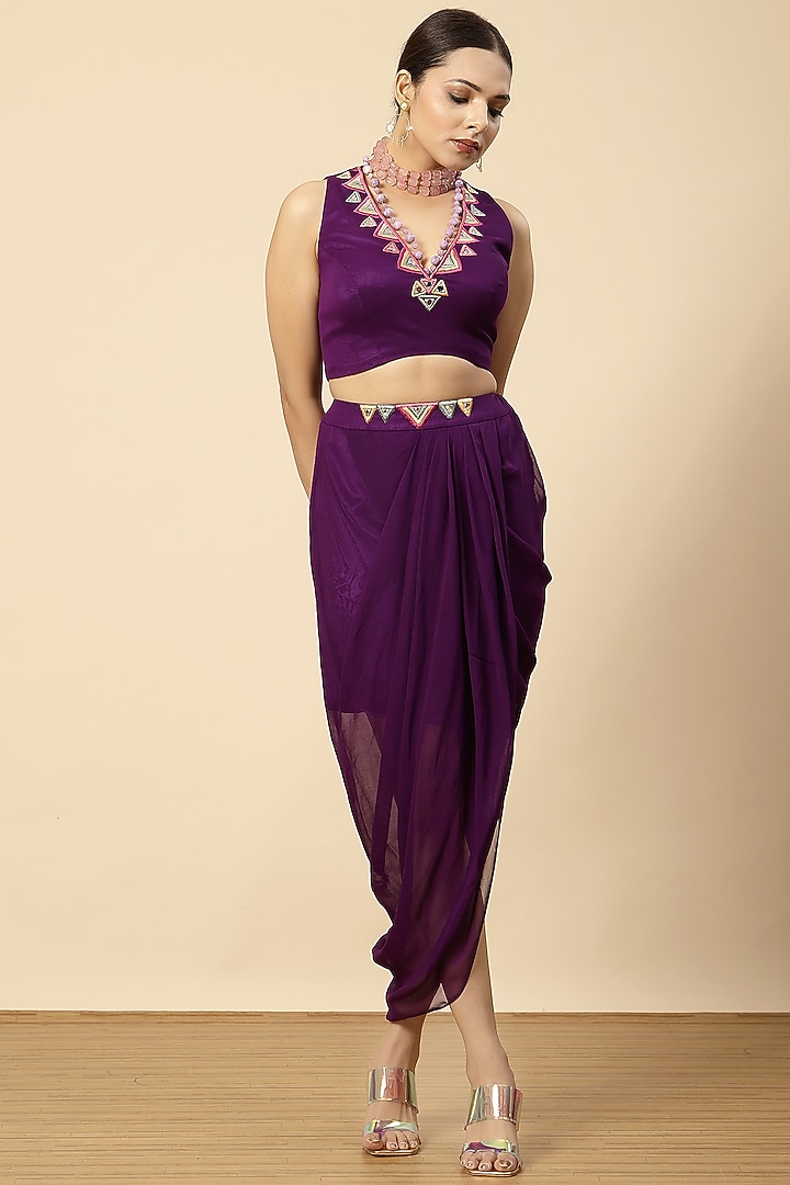 Purple Georgette & Chinon Mirror Work Draped Dhoti Set by Vannikaa Malik at Pernia's Pop Up Shop