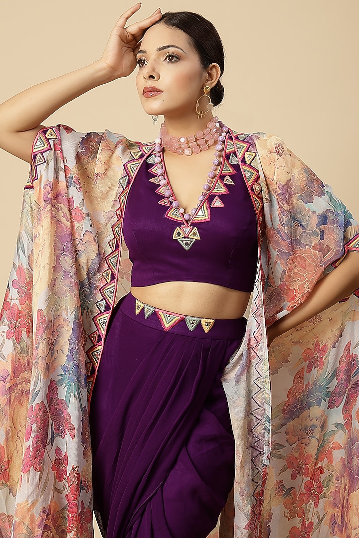 Purple Georgette & Chinon Mirror Work Draped Dhoti Set by Vannikaa Malik at Pernia's Pop Up Shop