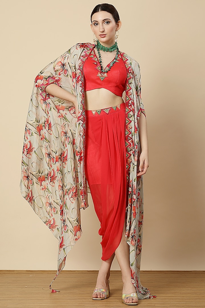 Coral Georgette & Chinon Mirror Work Draped Dhoti Set by Vannikaa Malik at Pernia's Pop Up Shop