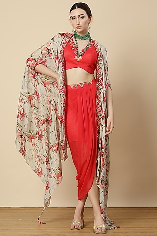 Coral Georgette & Chinon Mirror Work Draped Dhoti Set by Vannikaa Malik