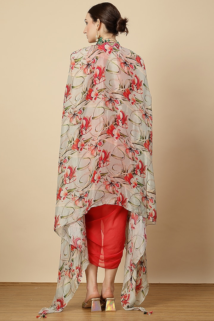 Coral Georgette & Chinon Mirror Work Draped Dhoti Set by Vannikaa Malik at Pernia's Pop Up Shop