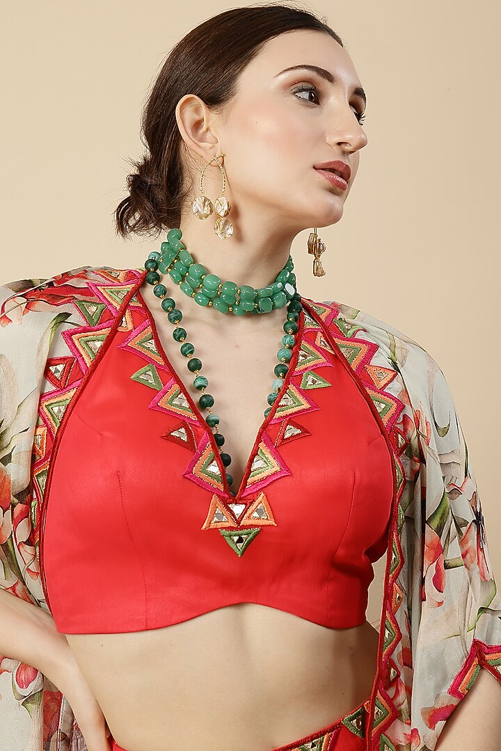 Coral Georgette & Chinon Mirror Work Draped Dhoti Set by Vannikaa Malik at Pernia's Pop Up Shop