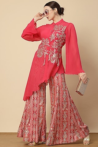 Rani Pink Georgette & Chinon Floral Printed Sharara Set by Vannikaa Malik