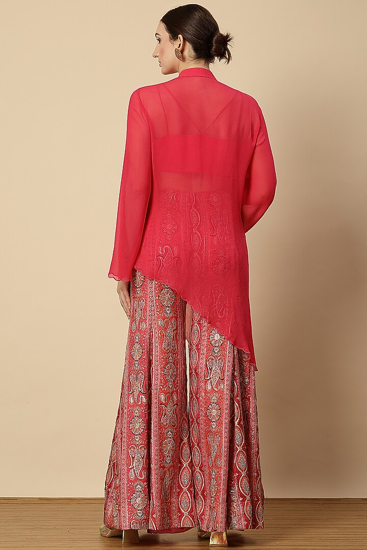 Rani Pink Georgette & Chinon Floral Printed Wedding Sharara Set by Vannikaa Malik at Pernia's Pop Up Shop