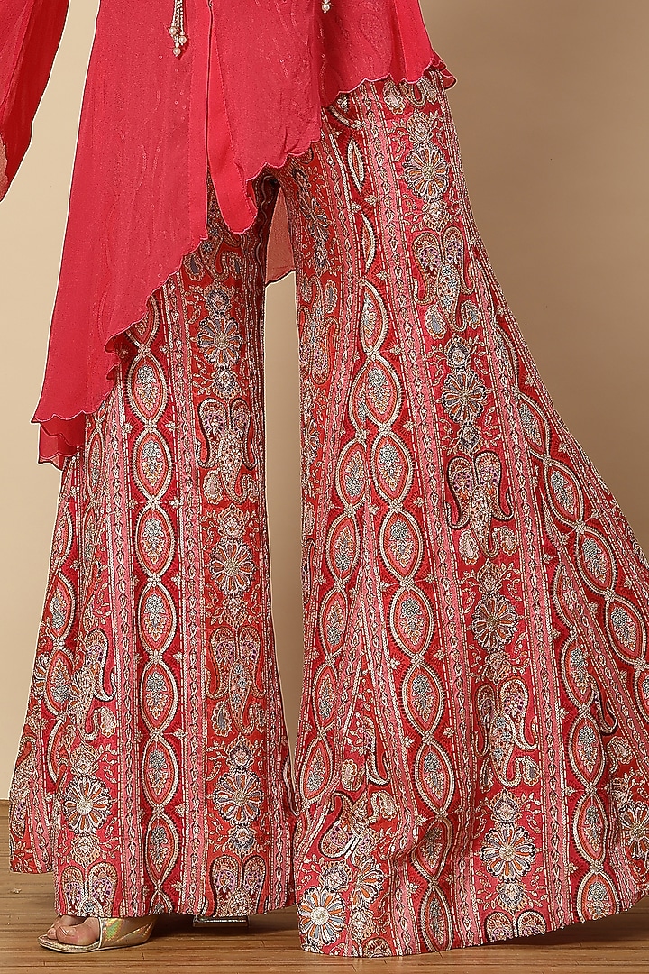 Rani Pink Georgette & Chinon Floral Printed Wedding Sharara Set by Vannikaa Malik at Pernia's Pop Up Shop