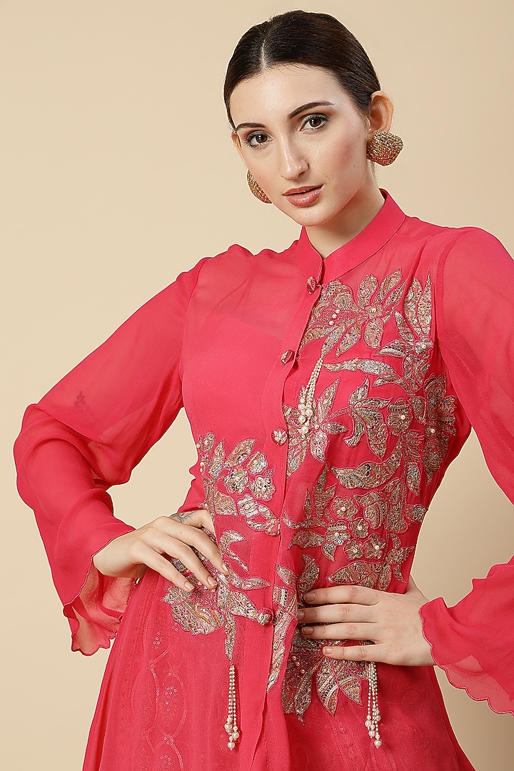 Rani Pink Georgette & Chinon Floral Printed Wedding Sharara Set by Vannikaa Malik at Pernia's Pop Up Shop