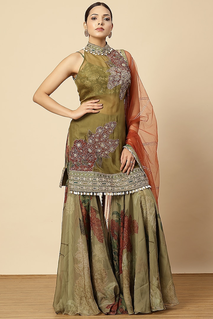 Mehendi Green Organza Floral Printed Sharara Set by Vannikaa Malik at Pernia's Pop Up Shop