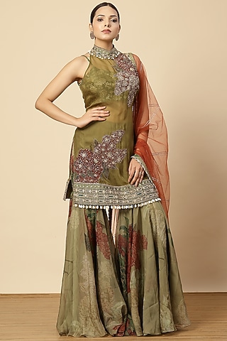 Mehendi Green Organza Floral Printed Sharara Set by Vannikaa Malik