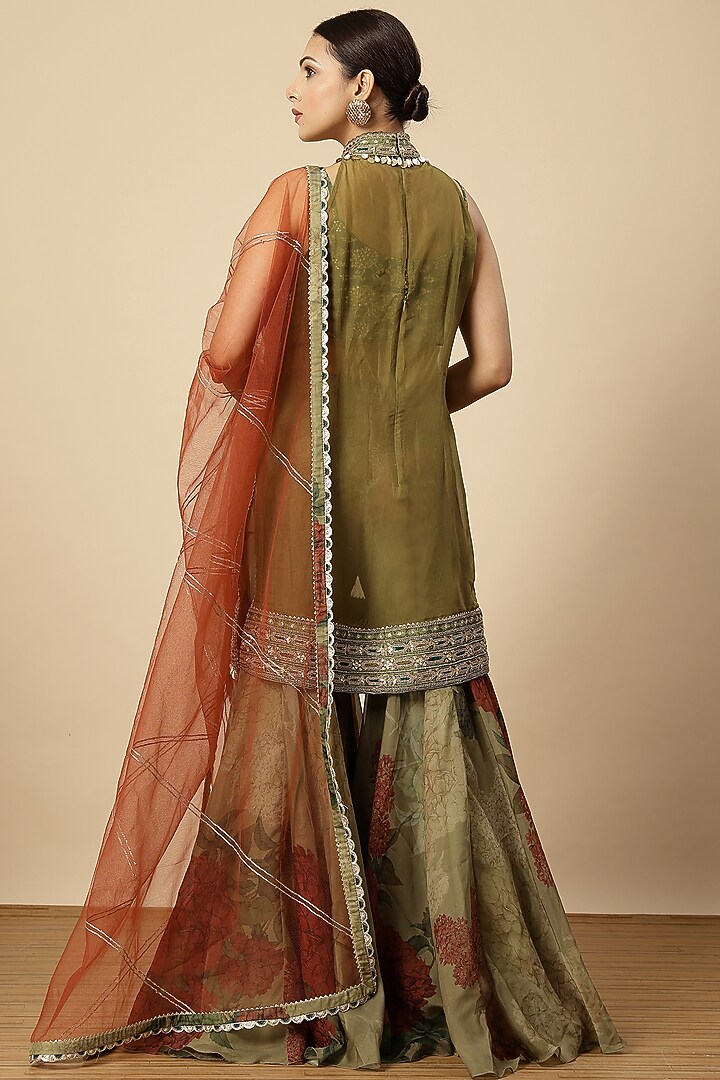 Mehendi Green Organza Floral Printed Wedding Sharara Set by Vannikaa Malik at Pernia's Pop Up Shop