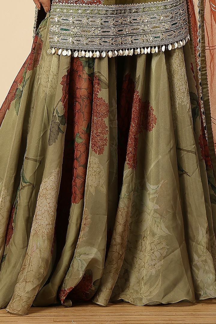 Mehendi Green Organza Floral Printed Wedding Sharara Set by Vannikaa Malik at Pernia's Pop Up Shop