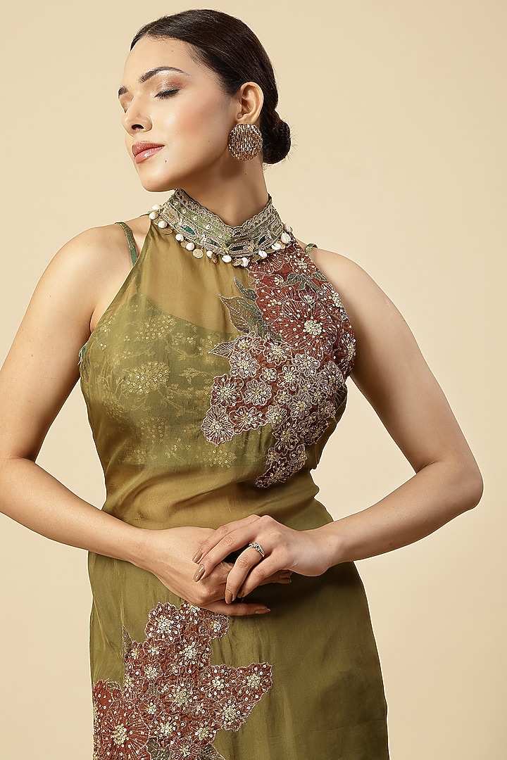 Mehendi Green Organza Floral Printed Wedding Sharara Set by Vannikaa Malik at Pernia's Pop Up Shop