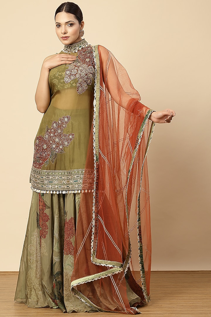 Mehendi Green Organza Floral Printed Wedding Sharara Set by Vannikaa Malik at Pernia's Pop Up Shop