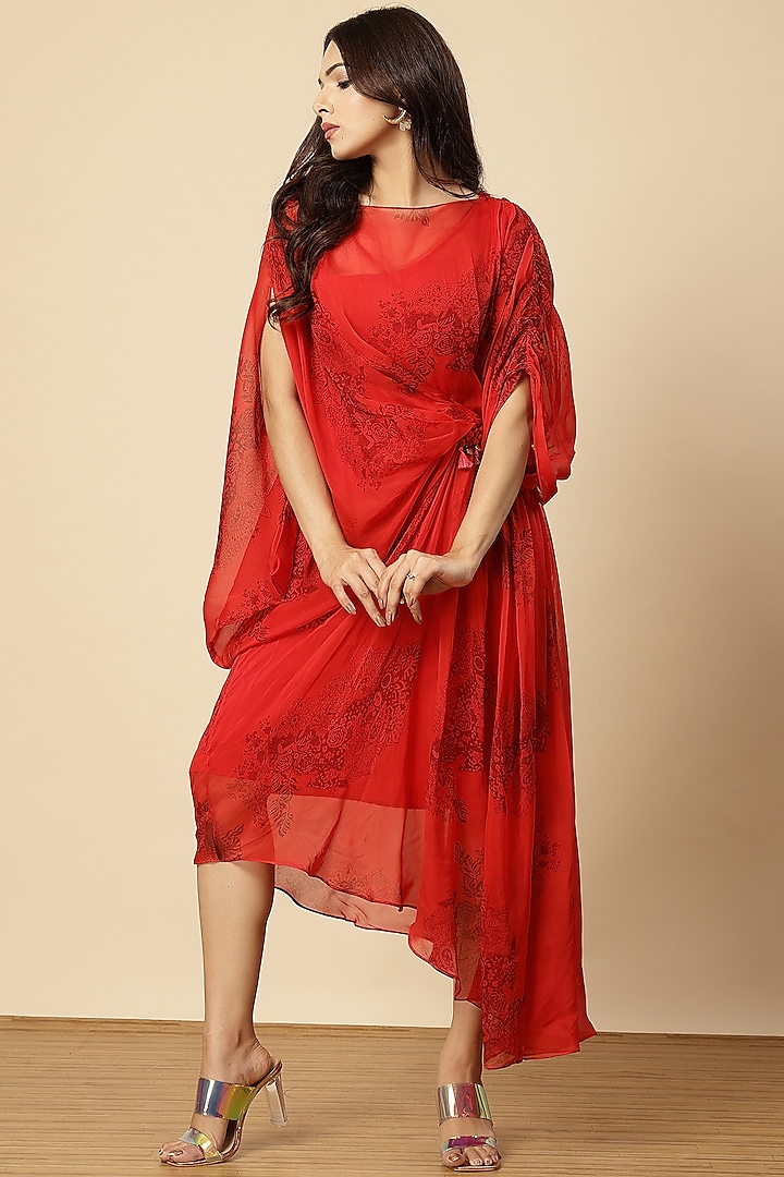 Red Organza Braided Work & Floral Printed Dress by Vannikaa Malik at Pernia's Pop Up Shop