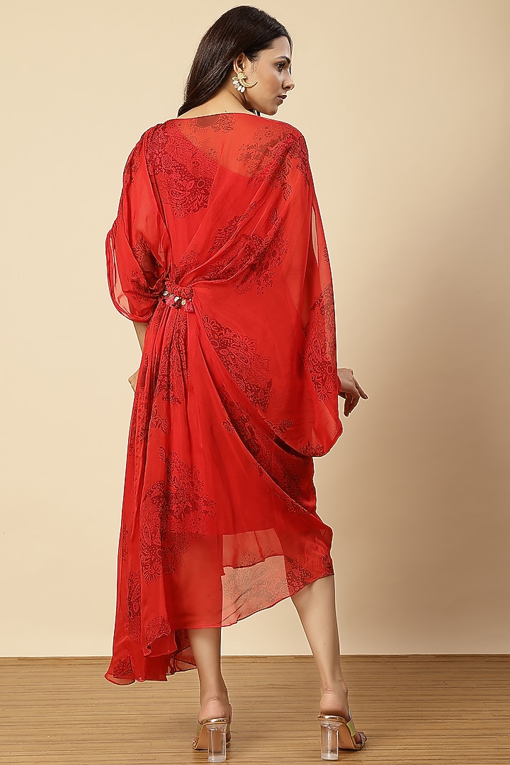 Red Organza Braided Work & Floral Printed Vacation Dress by Vannikaa Malik at Pernia's Pop Up Shop